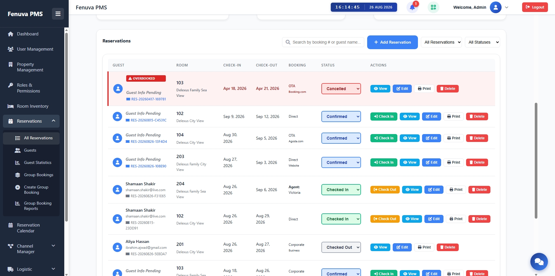 Reservation Management for Maldives Hospitality shown in Fenuva PMS